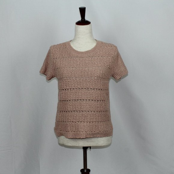 NWT Ann Taylor Blush Pink Open Stitch Short Sleeve Crew Neck Sweater - Picture 1 of 3